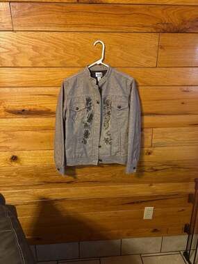 Chico's Gold Metallic Shimmer Embroidered Denim Jean Jacket